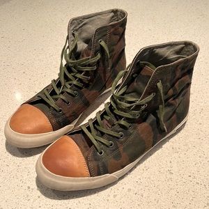 SeaVees Sneakers in Waxed Camo and Natural leather toe area and heel.